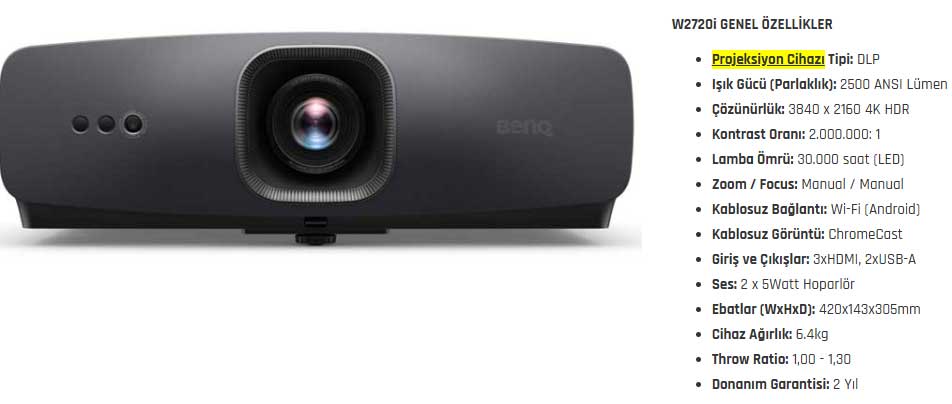 benq w2720i 4k projeksiyon cihazı