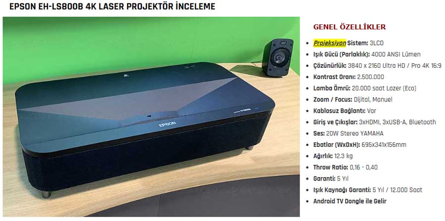 Epson LS800B 4k lazer projeksiyon cihazı
