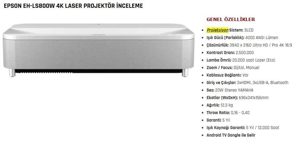 Epson LS800W 4k lazer projeksiyon cihazı