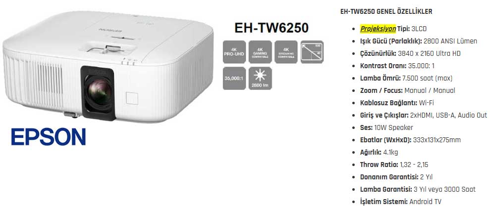 epson tw6250 4k projeksiyon detay özellikleri