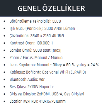 epson tw7100 4k projeksiyon genel özellikleri
