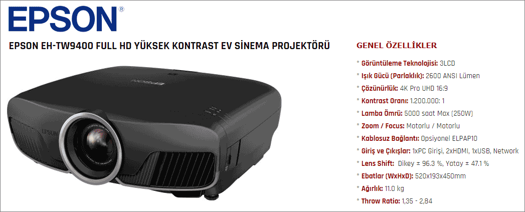 epson tw9400 4k projeksiyon cihazı